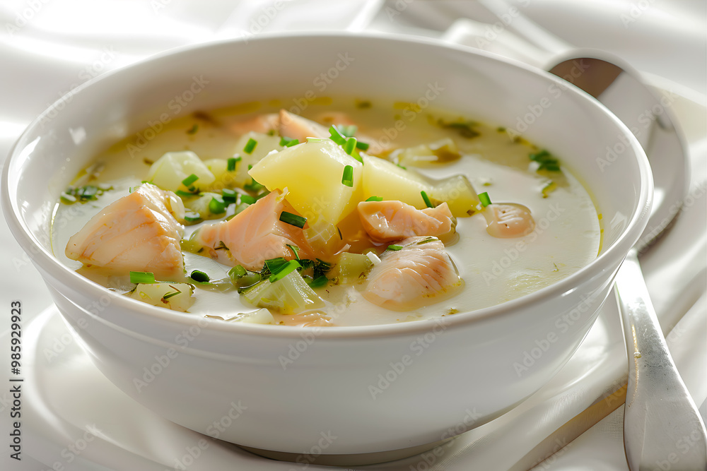 Smocked leek fish and potato soup in a white ceramic bowl Smocked leek fish and potato soup in a white ceramic bowl
