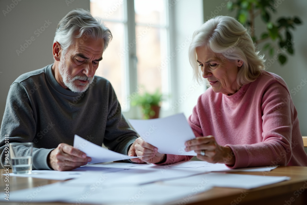 elder man with woman discussing holding paper at room, generative AI elder man with woman discussing holding paper at room, generative AI