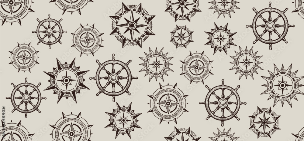 Ship wheel, Compass Wind rose, pattern, hand drawn Illustration. Ship wheel, Compass Wind rose, pattern, hand drawn Illustration.