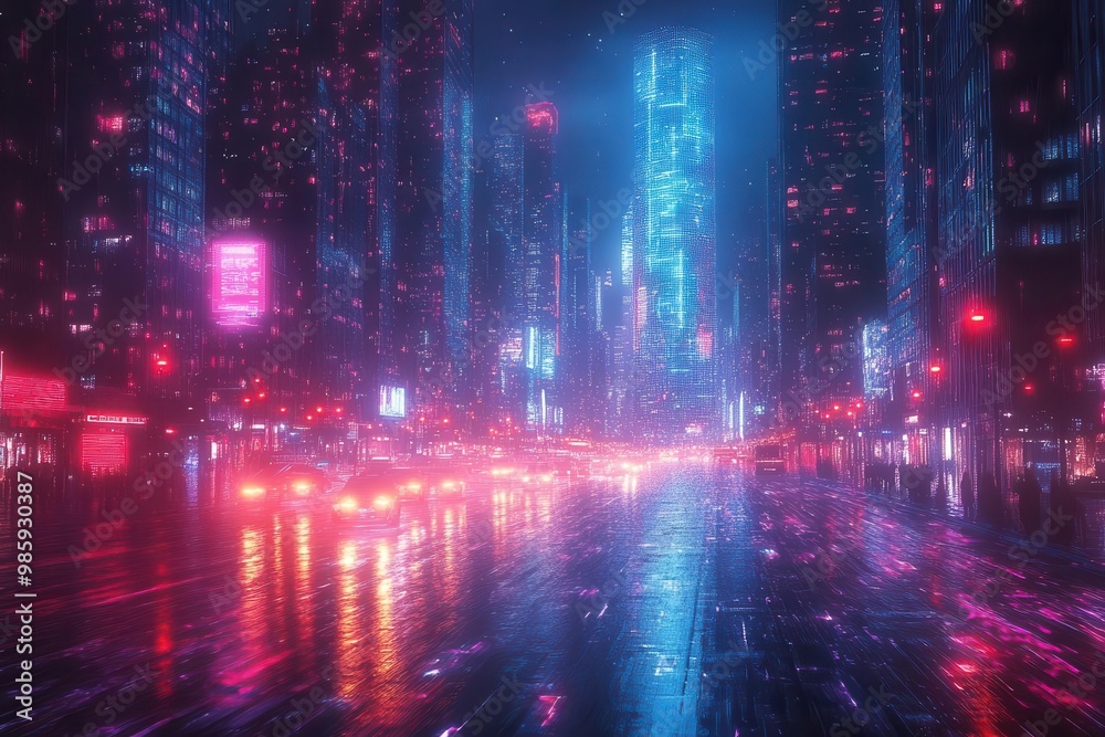 futuristic cityscape of new york with holographic network interfaces and data streams flowing between skyscrapers in neon blue and purple hues futuristic cityscape of new york with holographic network interfaces and data streams flowing between skyscrapers in neon blue and purple hues
