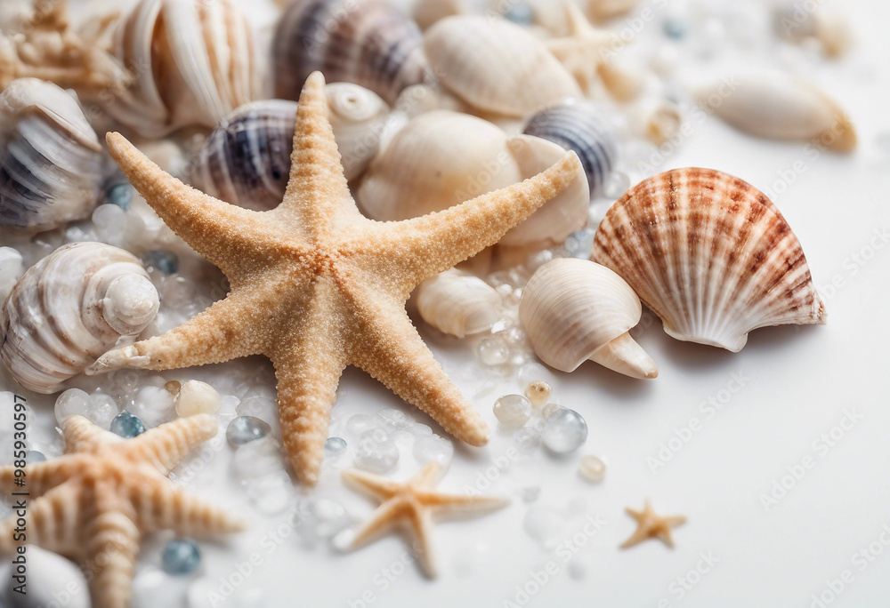 Featuring seashells and starfish on a white background this watercolor artwork features Featuring seashells and starfish on a white background this watercolor artwork features