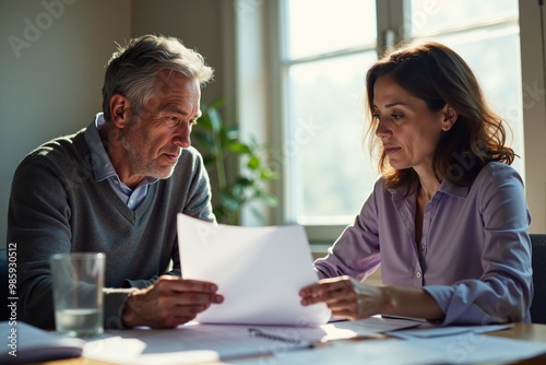 elder man with woman discussing holding paper at room, generative AI