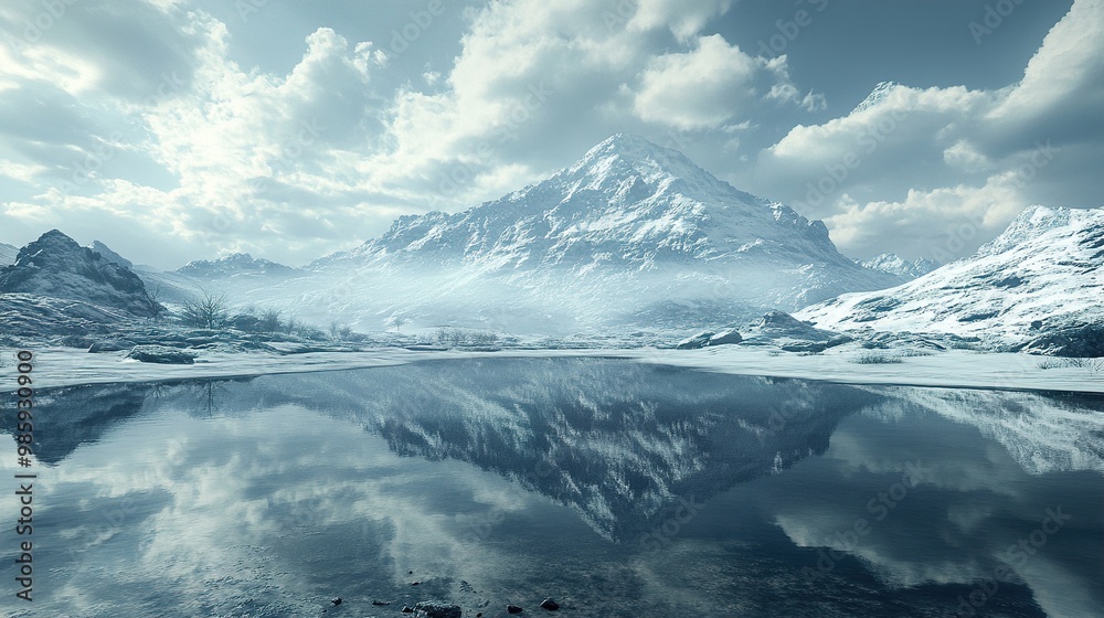 Majestic Mountain Range with Snow and Reflection in a Frozen Lake Majestic Mountain Range with Snow and Reflection in a Frozen Lake