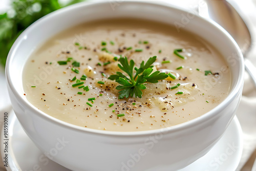 Spiced parsnip and apple soup in a white ceramic bowl