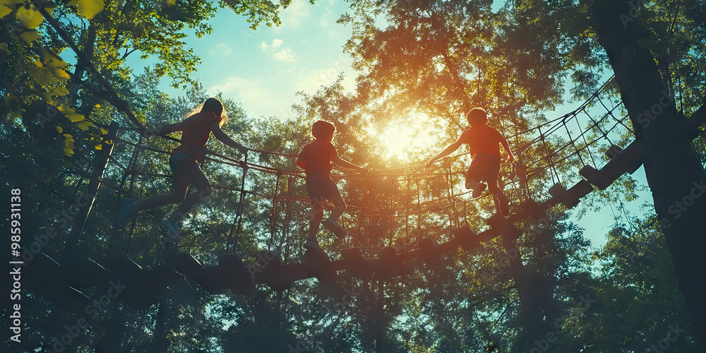 Obraz premium Nature's Playground: Children run and jump across a rope course through the treetops.