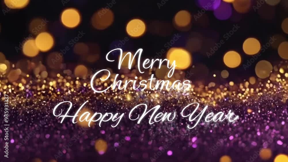 Animation white text merry Christmas Happy New Year with golden light shine particles bokeh on navy purple background. Animation white text merry Christmas Happy New Year with golden light shine particles bokeh on navy purple background.
