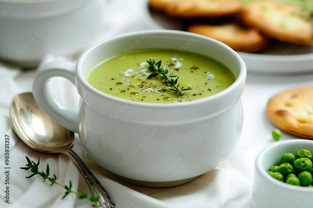 Spiced pea soup with cheddar sables soup in a white ceramic bowl Spiced pea soup with cheddar sables soup in a white ceramic bowl