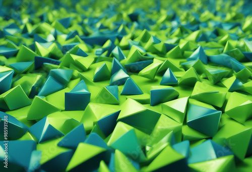 Geometric 3D triangular background Abstract three-dimensional triangular lime green and metallic blu