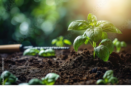 Gardening scene rich soil vibrant green plants and gardening tools resting on the ground perfect for outdoor nature or agriculturalthemed backgrounds photo