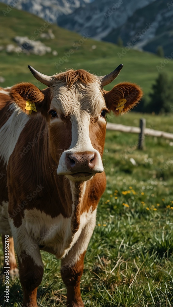 Cow staring curiously in the Alpine fields. Cow staring curiously in the Alpine fields.