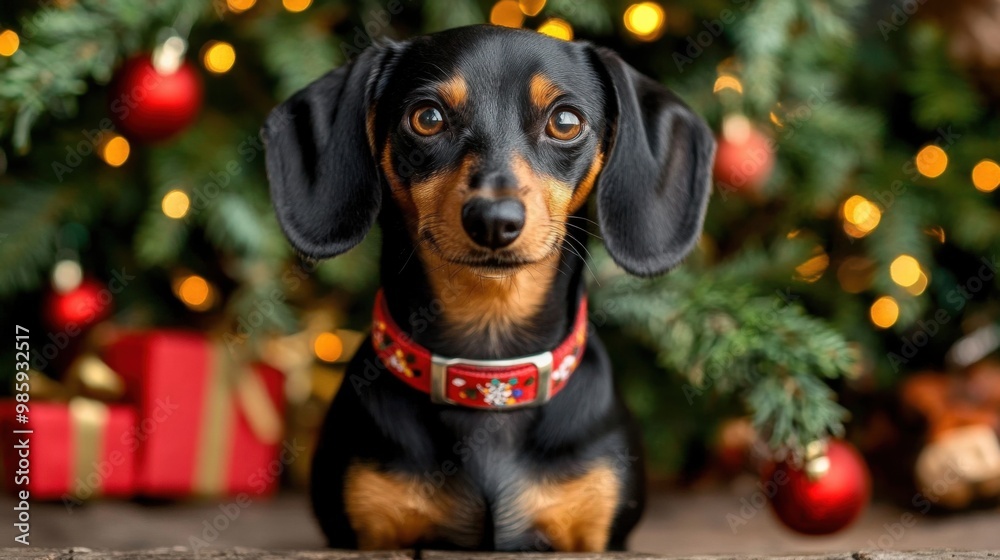A New Year's dachshund stands next to a festive tree decorated with gifts, creating a joyful and festive atmosphere. A New Year's dachshund stands next to a festive tree decorated with gifts, creating a joyful and festive atmosphere.