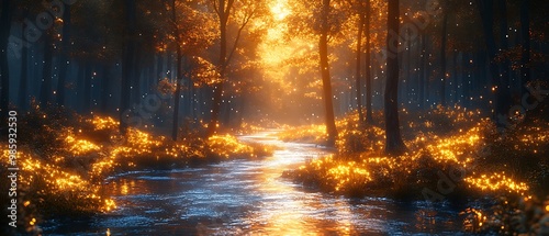 A magical forest with glowing fireflies and a winding stream at sunset.