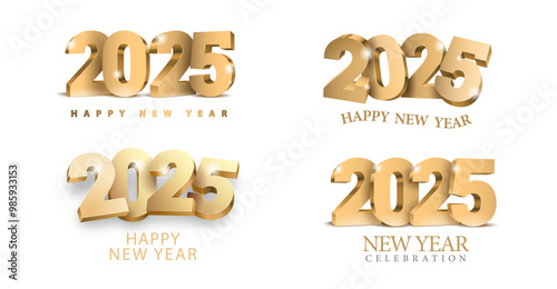 Set of Happy New Year 2025 designs made of elegant 3d gold numbers on clean white background. Minimalist design for New Year 2025 celebration. Vector