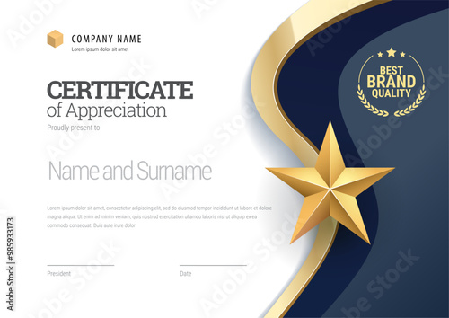 Award certificate with a star design in blue and gold colors. Horizontal template Diploma of modern design or gift certificate. Vector illustration.