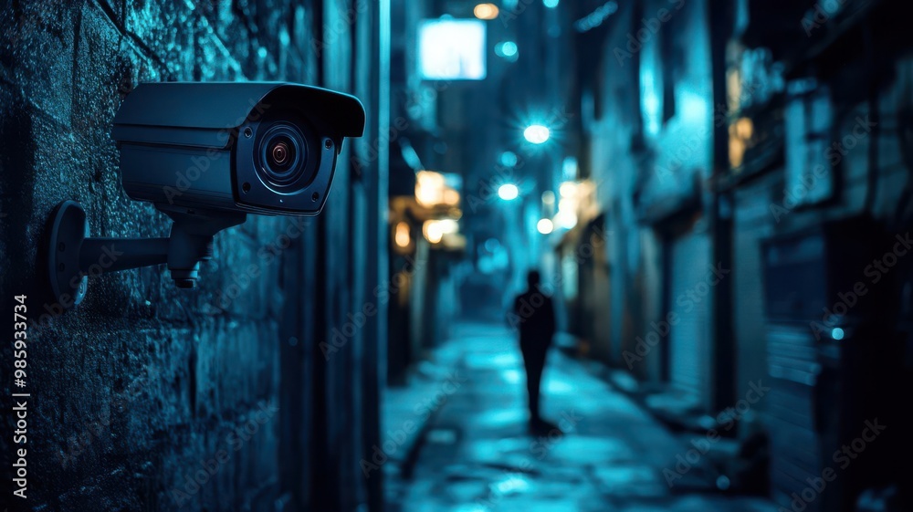 Dark alley with a security camera catching a figure disappearing into the shadows, Alley, night, security camera, figure Dark alley with a security camera catching a figure disappearing into the shadows, Alley, night, security camera, figure