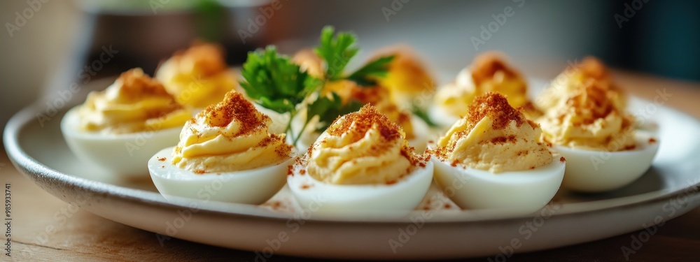 Deviled eggs topped with paprika and parsley on white plate Deviled eggs topped with paprika and parsley on white plate