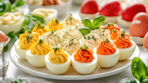 Colorful deviled eggs are garnished with fresh herbs and paprika