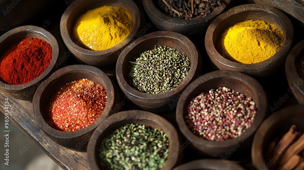 Various Spices in Wooden Bowls on a Tabletop Various Spices in Wooden Bowls on a Tabletop