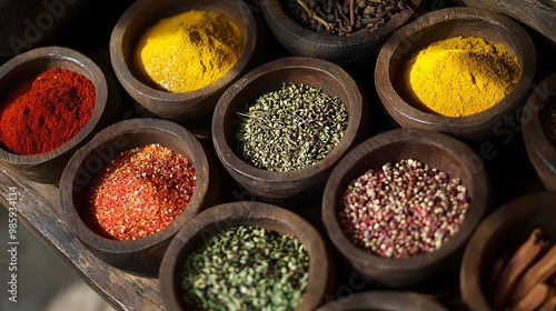 Various Spices in Wooden Bowls on a Tabletop