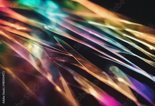 Prism light reflections on black background Blurred geometric shapes soft gradients ethereal visual