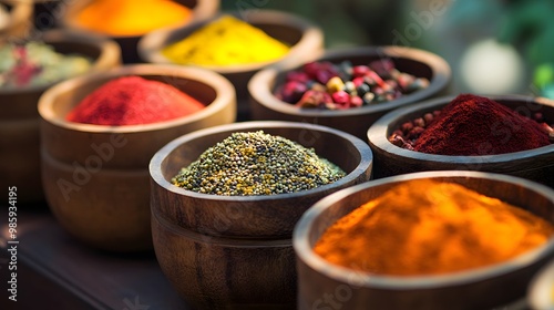 Assortment of Spices in Wooden Bowls