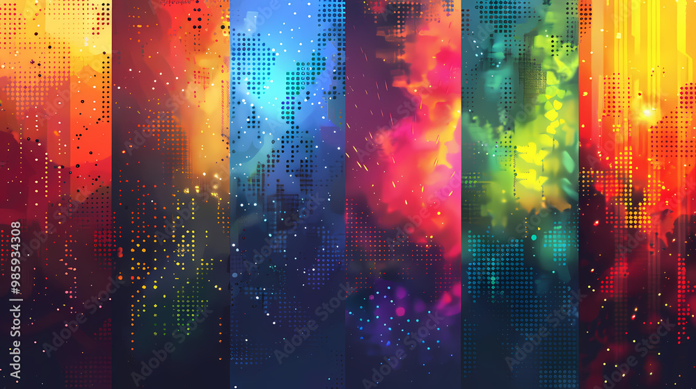 Naklejka premium Abstract city skyline with colorful neon lights and a pixelated background.