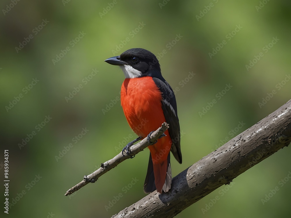 Crimson-breasted shrike perched on a branch, vibrant plumage against a green blur. Crimson-breasted shrike perched on a branch, vibrant plumage against a green blur.