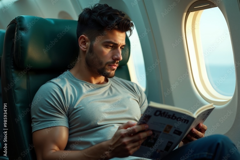 person sitting relax reading a book with window plane in background, generative AI person sitting relax reading a book with window plane in background, generative AI