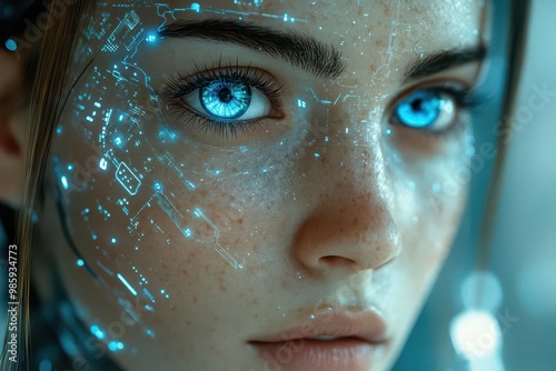 futuristic female android portrait with iridescent skin glowing circuits and piercing blue eyes detailed metallic features in a sleek hightech setting