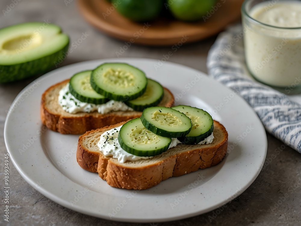 Cucumber and cream cheese toasts on a plate. Cucumber and cream cheese toasts on a plate.