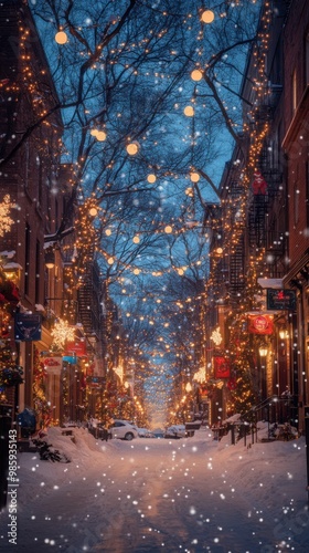 A picturesque snowy street adorned with beautiful Christmas decorations and twinkling lights. Perfect for adding a festive touch to any holiday project or advertisement