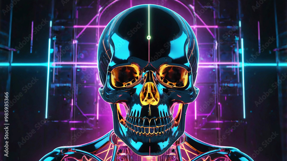 A futuristic skull with sleek metallic features, glowing neon accents, and a cutting-edge design A futuristic skull with sleek metallic features, glowing neon accents, and a cutting-edge design
