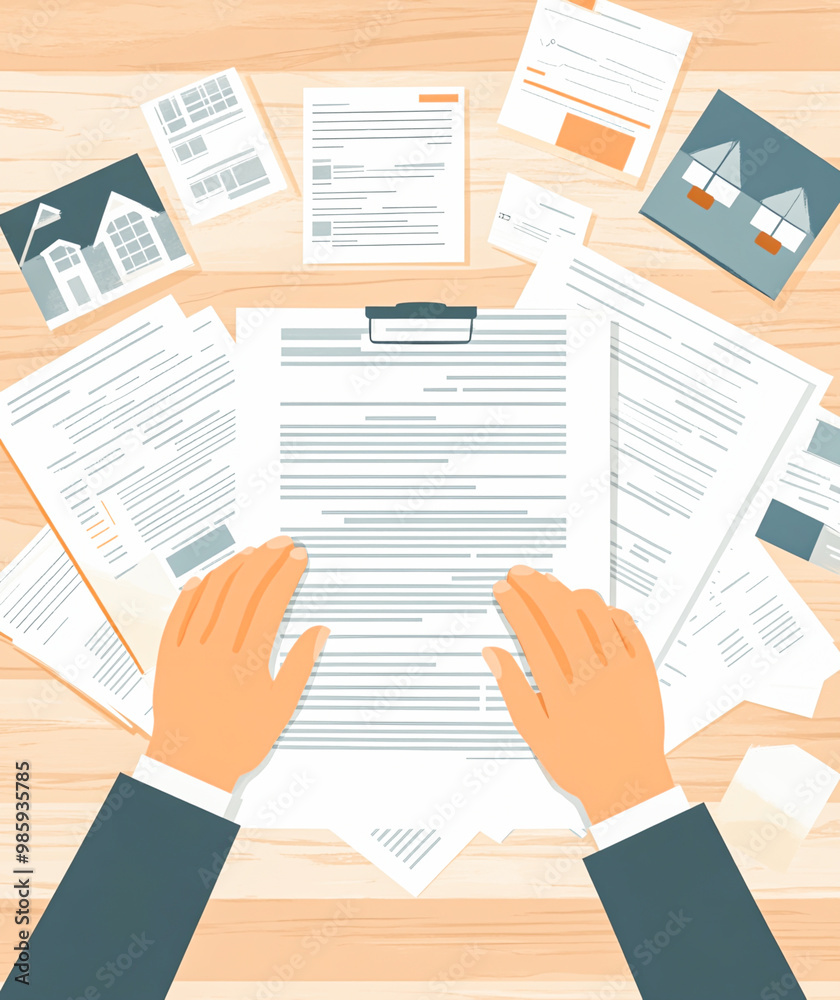 Obraz premium Documents and Hands on a Wooden Desk Background