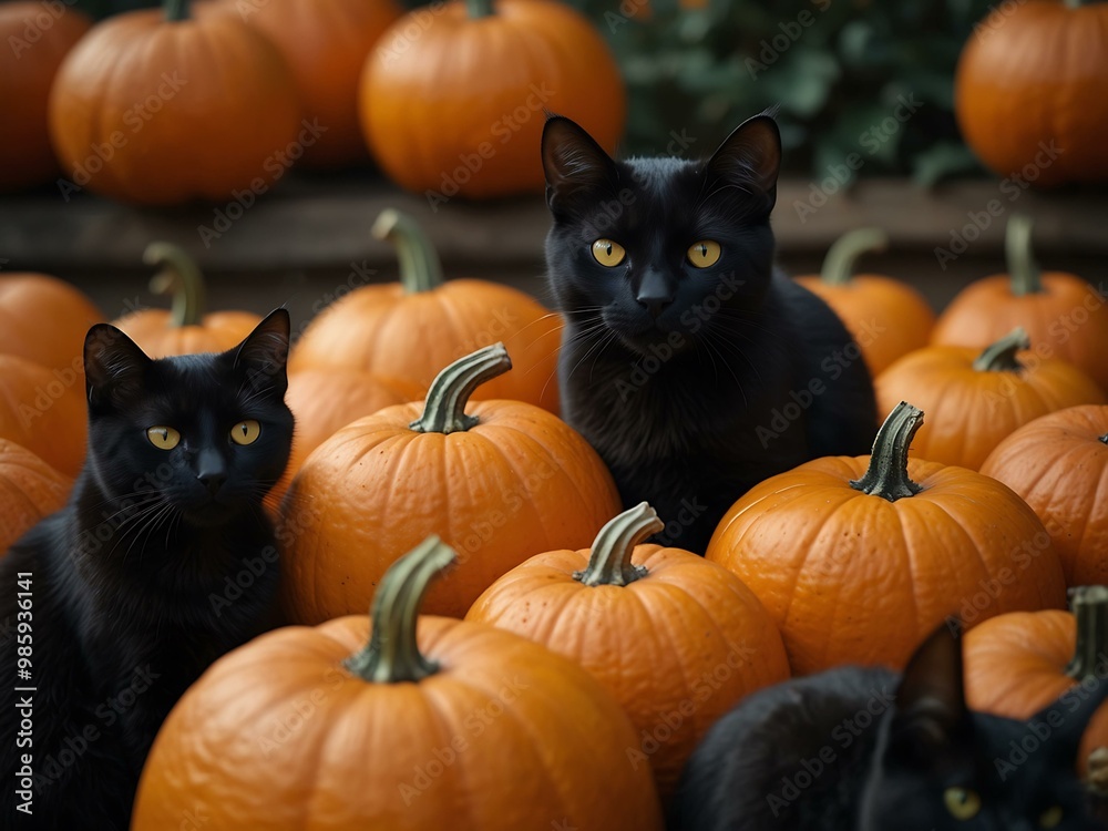 Cute black cat among pumpkins and bats for Halloween. Cute black cat among pumpkins and bats for Halloween.