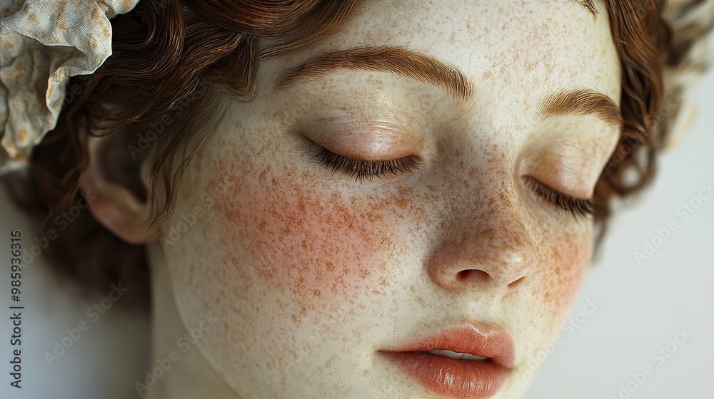 Close-Up Portrait of a Woman with Freckles and Closed Eyes Close-Up Portrait of a Woman with Freckles and Closed Eyes