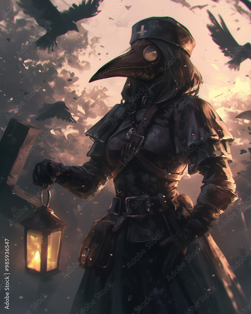 Naklejka premium female plague doctor in a graveyard holding a lantern surrounded by ravens and flying feathers