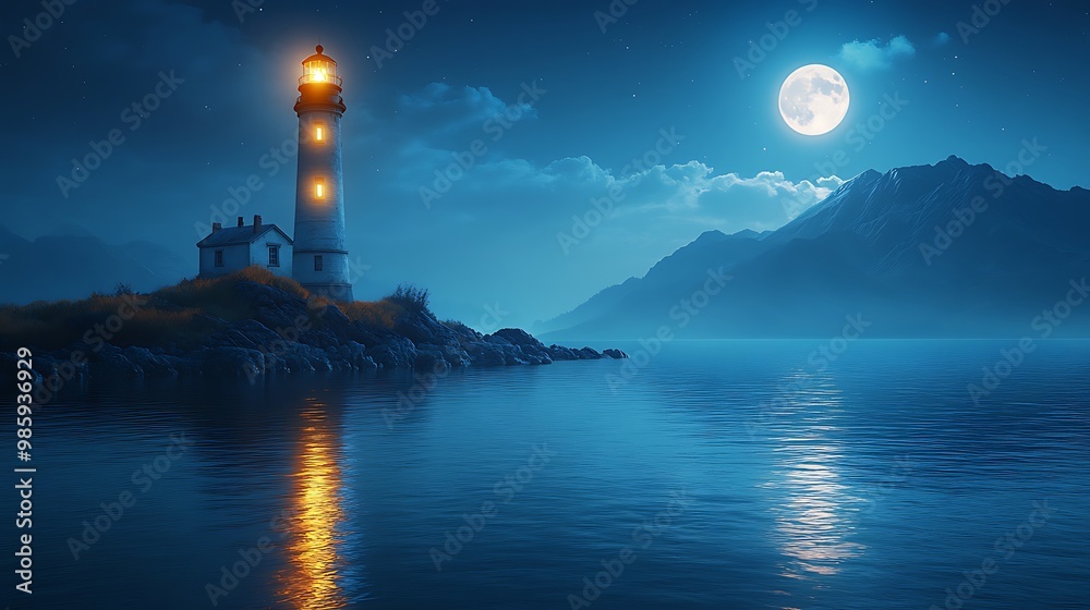 A solitary lighthouse stands tall on a rocky coast, illuminated by a full moon. The calm ocean reflects the light, creating a serene and mystical scene. A solitary lighthouse stands tall on a rocky coast, illuminated by a full moon. The calm ocean reflects the light, creating a serene and mystical scene.