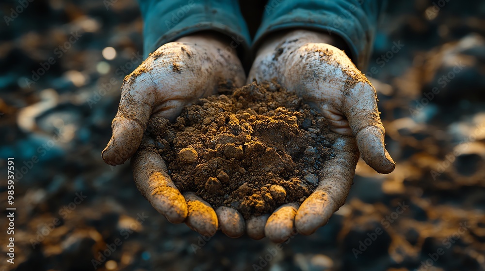 Close-up of muddy hands holding soil. Close-up of muddy hands holding soil.
