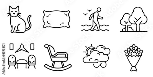 The image contains a collection of simple line icons representing various objects and scenes of home, nature, leisure, and comfort.