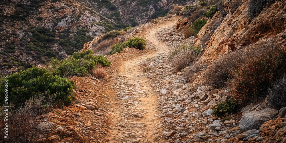 Obraz premium Twisted Path to Redemption: A rocky, winding trail leading up a steep hill, with sparse vegetation.