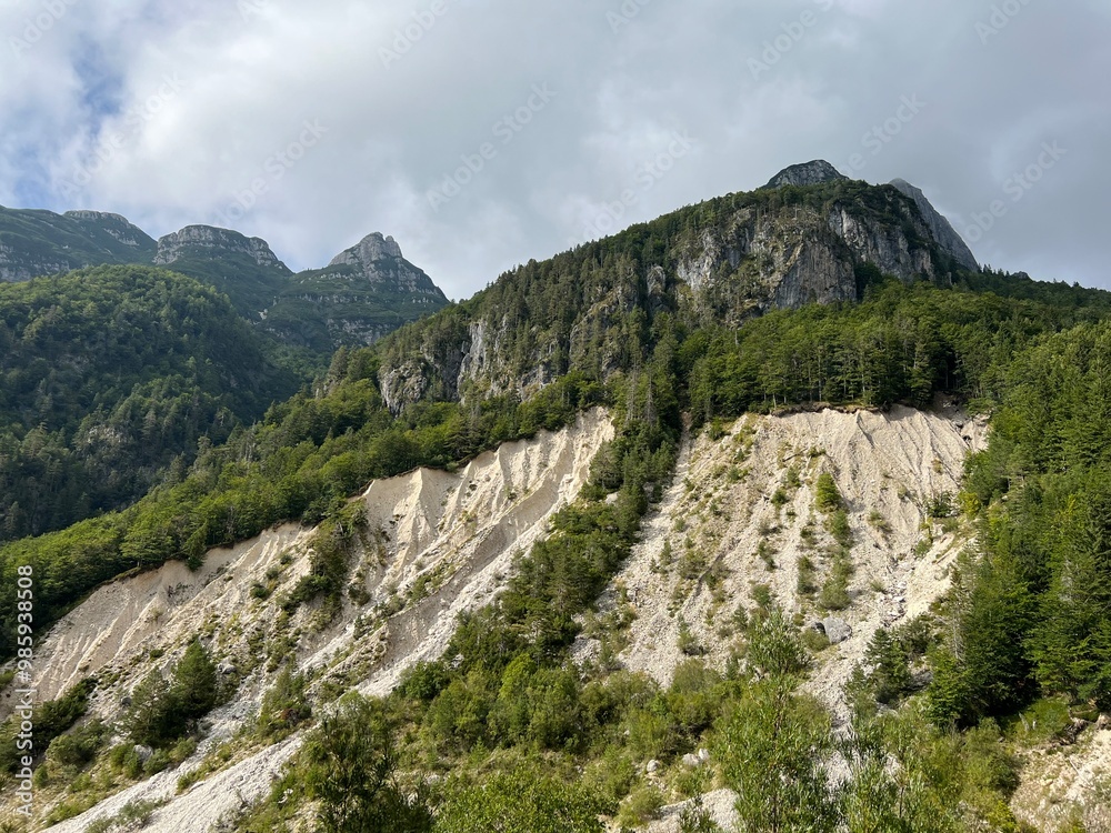 Naklejka premium Stovžje landslide, Log pod Mangartom (Triglav National Park, Slovenia) - Erdrutsch in Stovzje (Triglav-Nationalpark, Slowenien) - Plaz Stovžje (Triglavski narodni park, Slovenija)