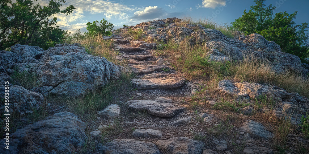 Obraz premium Twisted Path to Redemption: A rocky, winding trail leading up a steep hill, with sparse vegetation.