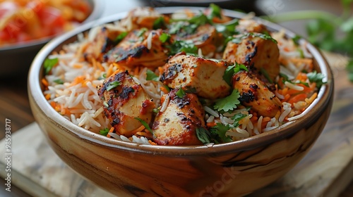 Indian biryani aromatic basmati rice mixed spices tender chicken and garnished with fresh cilantro and fried onions