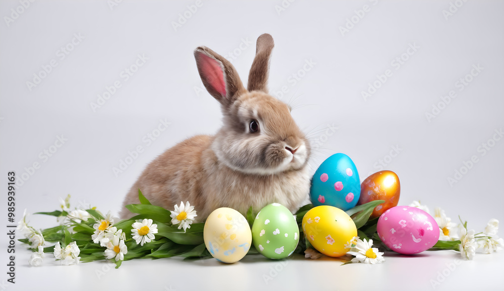 Fototapeta premium Easter colored eggs and rabbit on grey