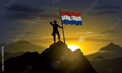 Paraguay Flag hoisted on a mountain peak with a purplish sunset in the background, vector illustration