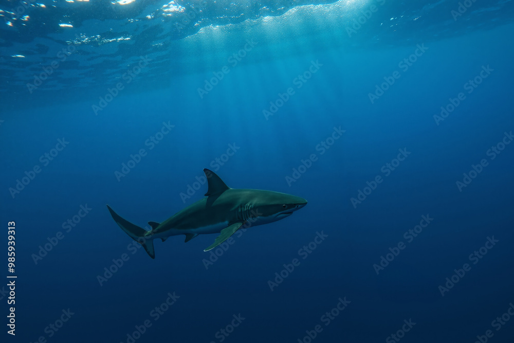 Fototapeta premium shark in deep dark sea ocean, generative AI