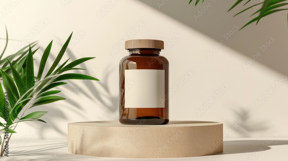 Pill bottle template: A brown pill bottle with a blank label, displayed on a platform with a plant, providing a template for pill bottle mockups. Pill bottle template: A brown pill bottle with a blank label, displayed on a platform with a plant, providing a template for pill bottle mockups.