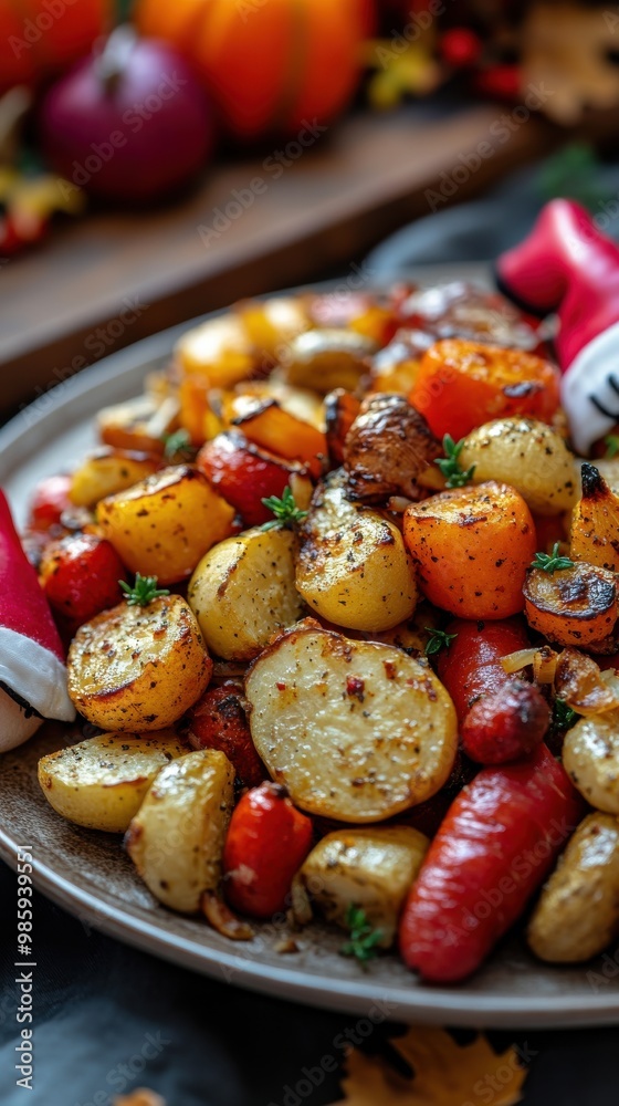 A delicious plate of roasted vegetables with herbs, perfect for a healthy meal or side dish, garnished and beautifully presented. A delicious plate of roasted vegetables with herbs, perfect for a healthy meal or side dish, garnished and beautifully presented.