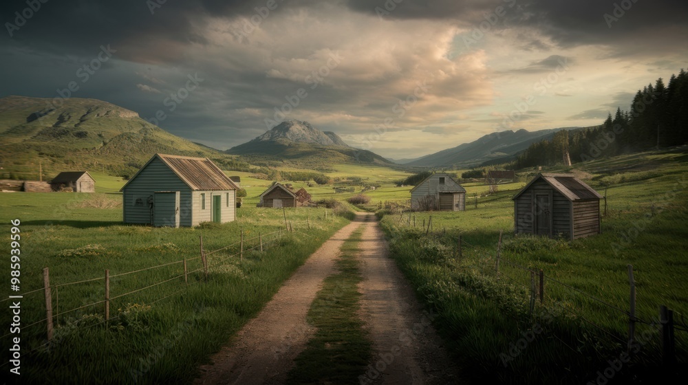 Rustic Wooden Cabins in Serene Countryside with Dirt Path and Mountain Backdrop Rustic Wooden Cabins in Serene Countryside with Dirt Path and Mountain Backdrop
