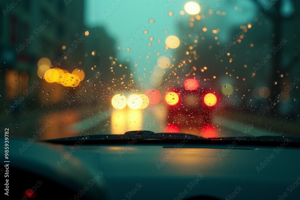 windscreen of car with rain drop water at night, generative AI windscreen of car with rain drop water at night, generative AI